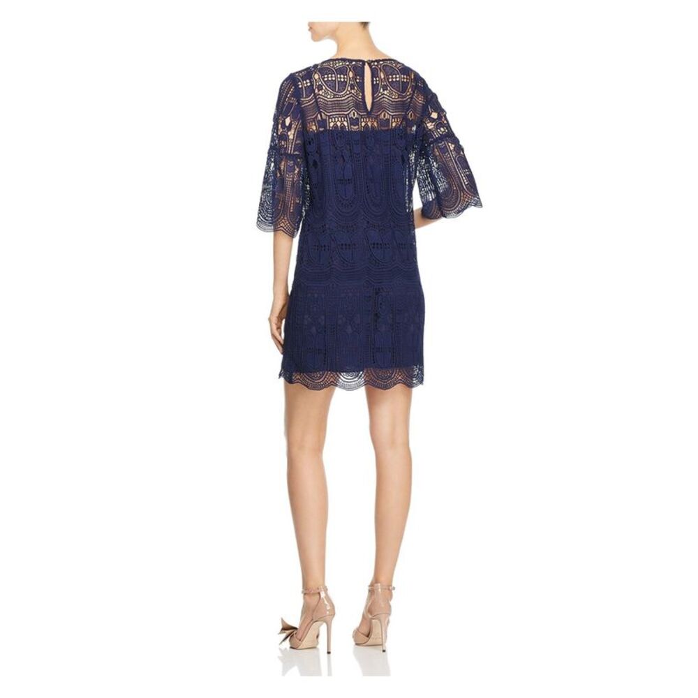 LE GALI Womens Navy Nylon Lace Bell Sleeve Jewel Neck Mini Evening Dress L - Picture 2 of 2